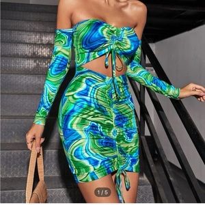 Marble Print Off Shoulder Peekaboo Drawstring Ruched Dress